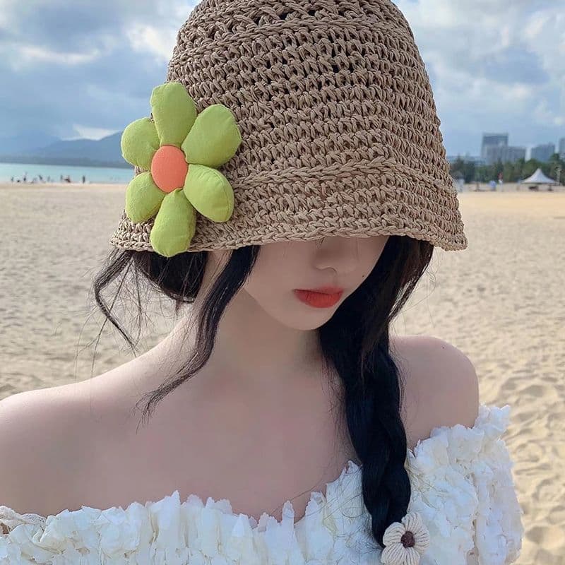 Novo estilo de aba curta japonês chapéu de sol feminino verão artesanal chapéu de palha protetor solar pequena flor boni