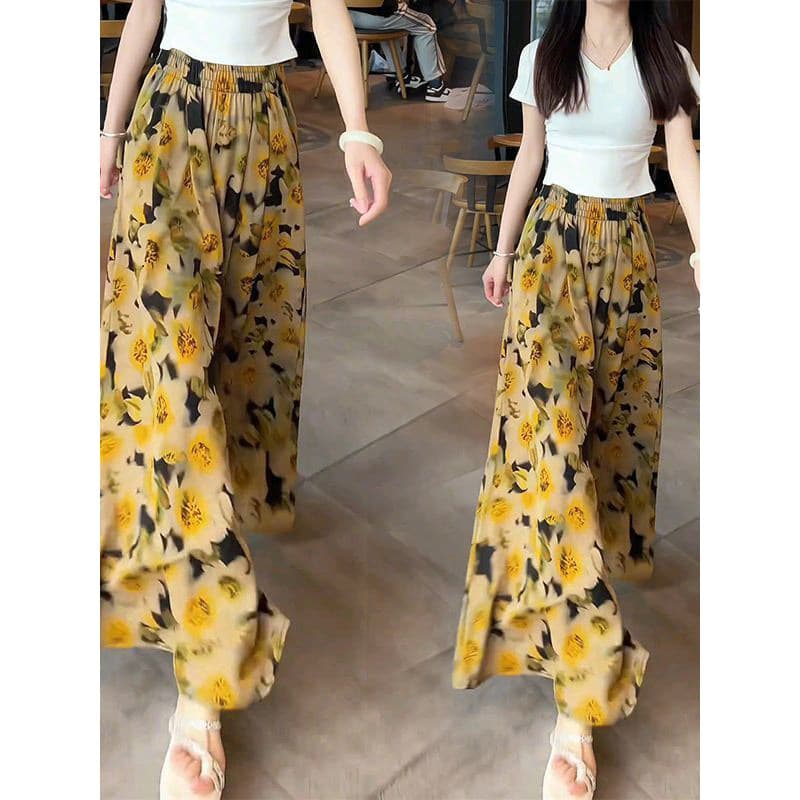 Tamanho grande Retro high-End estilo ocidental Floral calças de perna larga primavera verão cintura alta moda mais magro