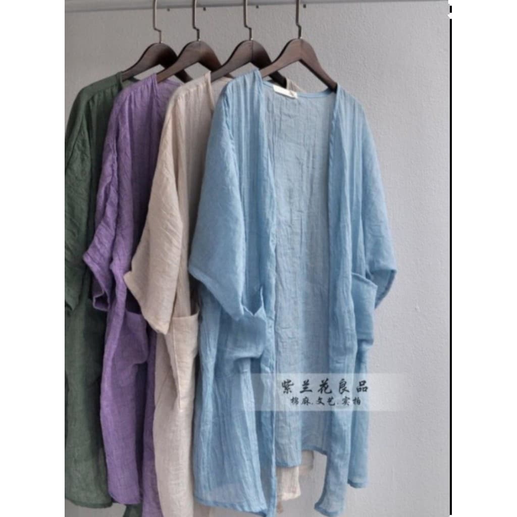 Zimo Qinghe ~ Literário Cool Feeling Fino Algodão Linho Cardigan Jaqueta Feminina Longa Protetor Solar Camisa Exterior X