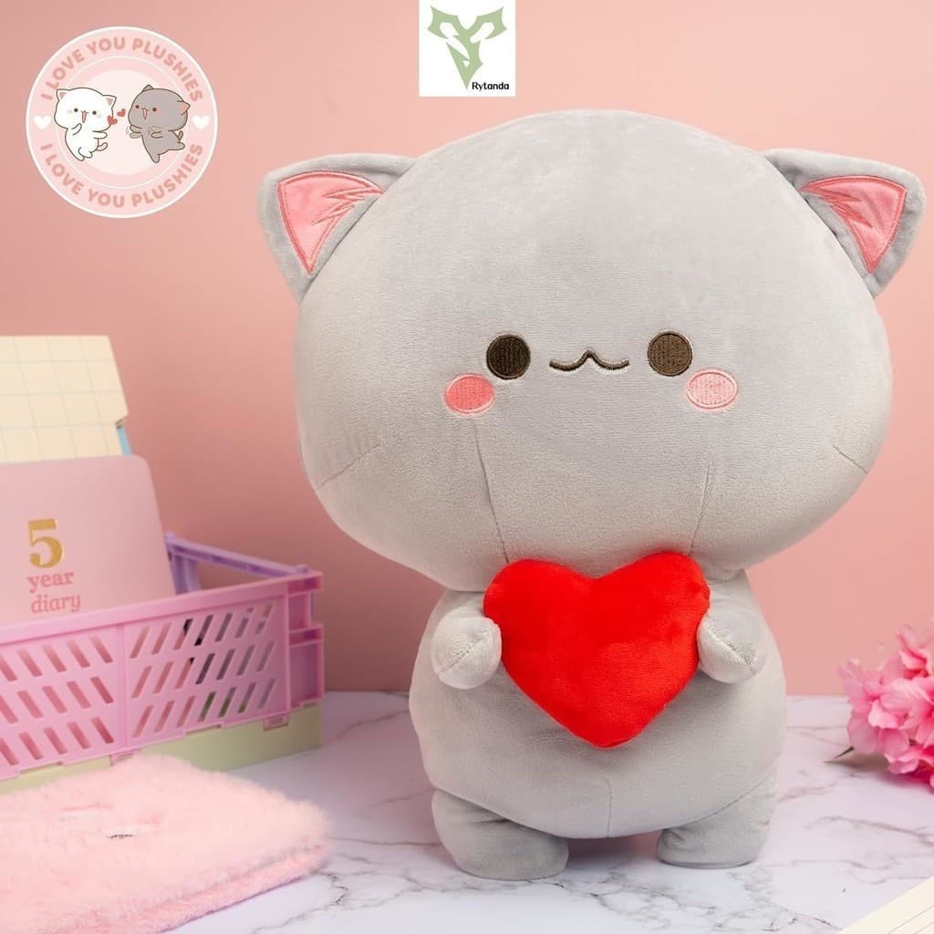 Rytanda Mitao Cat Plush Toys Casal Peach Plushie Doll Cute Soft Grey Love Heart Dia Das Mães Kawaii Kids Plushy Kitten T