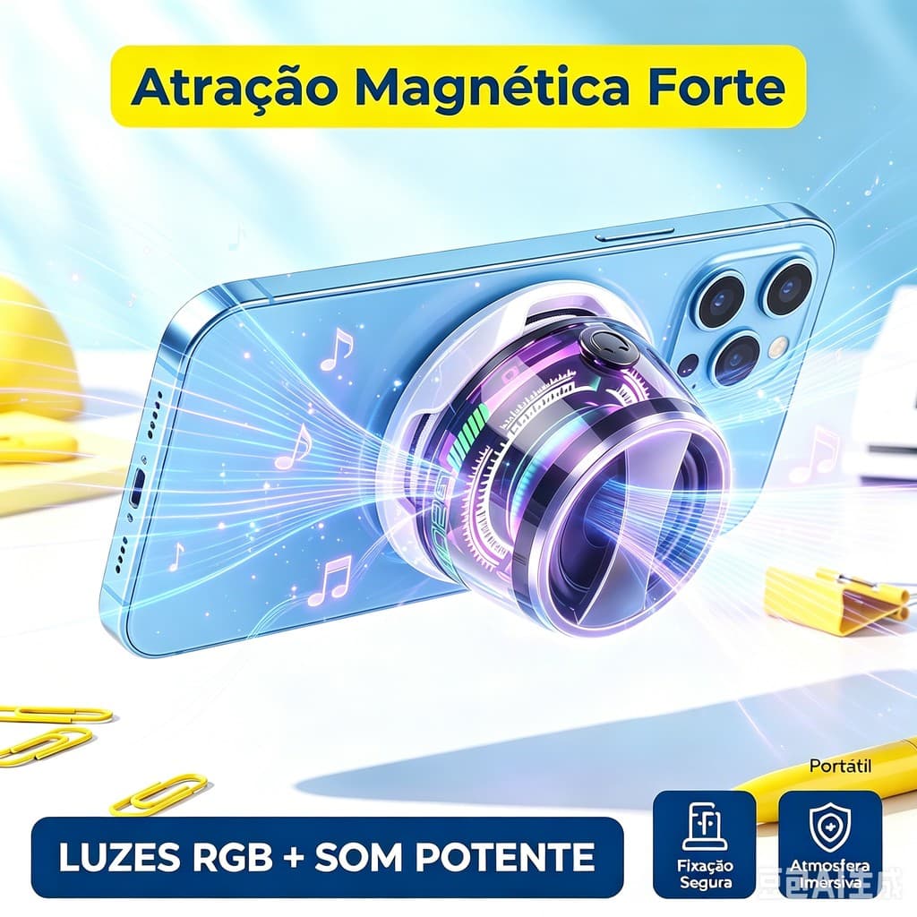 Caixa de Som Bluetooth 2 em 1 Uso Externo| Suporte Celular Magnética Portátil LED RGB Luzes Som Potente e Grave Profundo