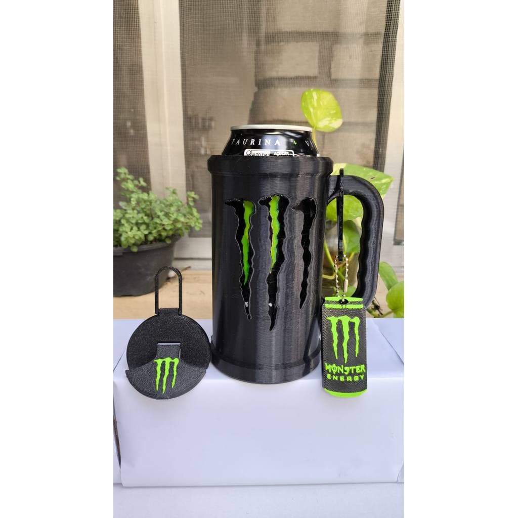 Caneca Porta Lata Monster Preta Caneca+Chaveiro+tampa Com E Sem Nome Personalizado