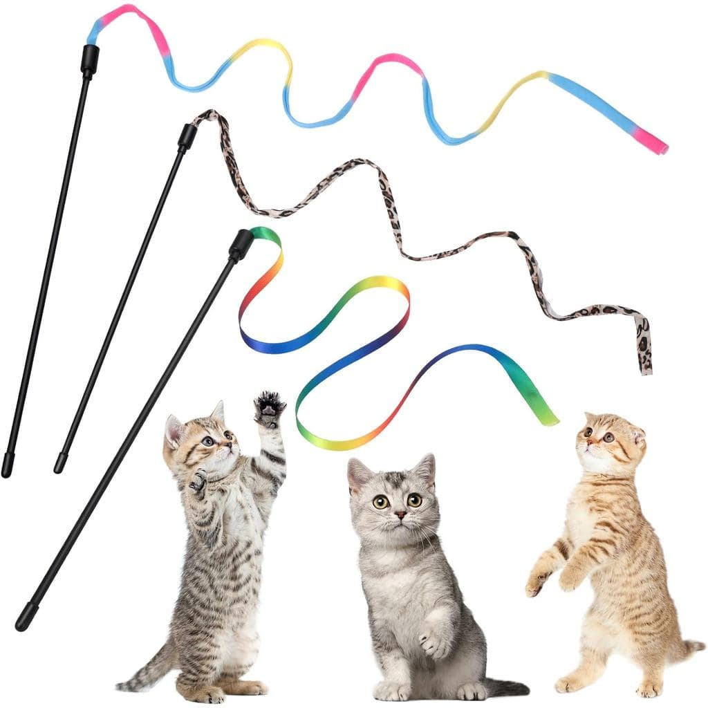Conjunto de 3 Varinhas para Gatos Cobee, Varinha Interativa para Gatos de 30cm com Fita Arco-Íris + Corda de Tecido com