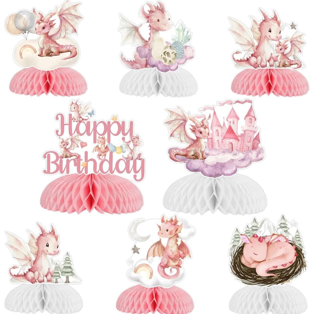 8 peças de centros de mesa em formato de favo de mel com tema de dragão rosa, decorações de mesa para aniversário de men