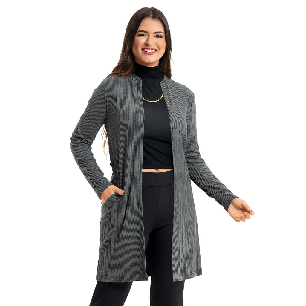 Cardigan Feminino Alongado com Bolsos – Moda Feminina