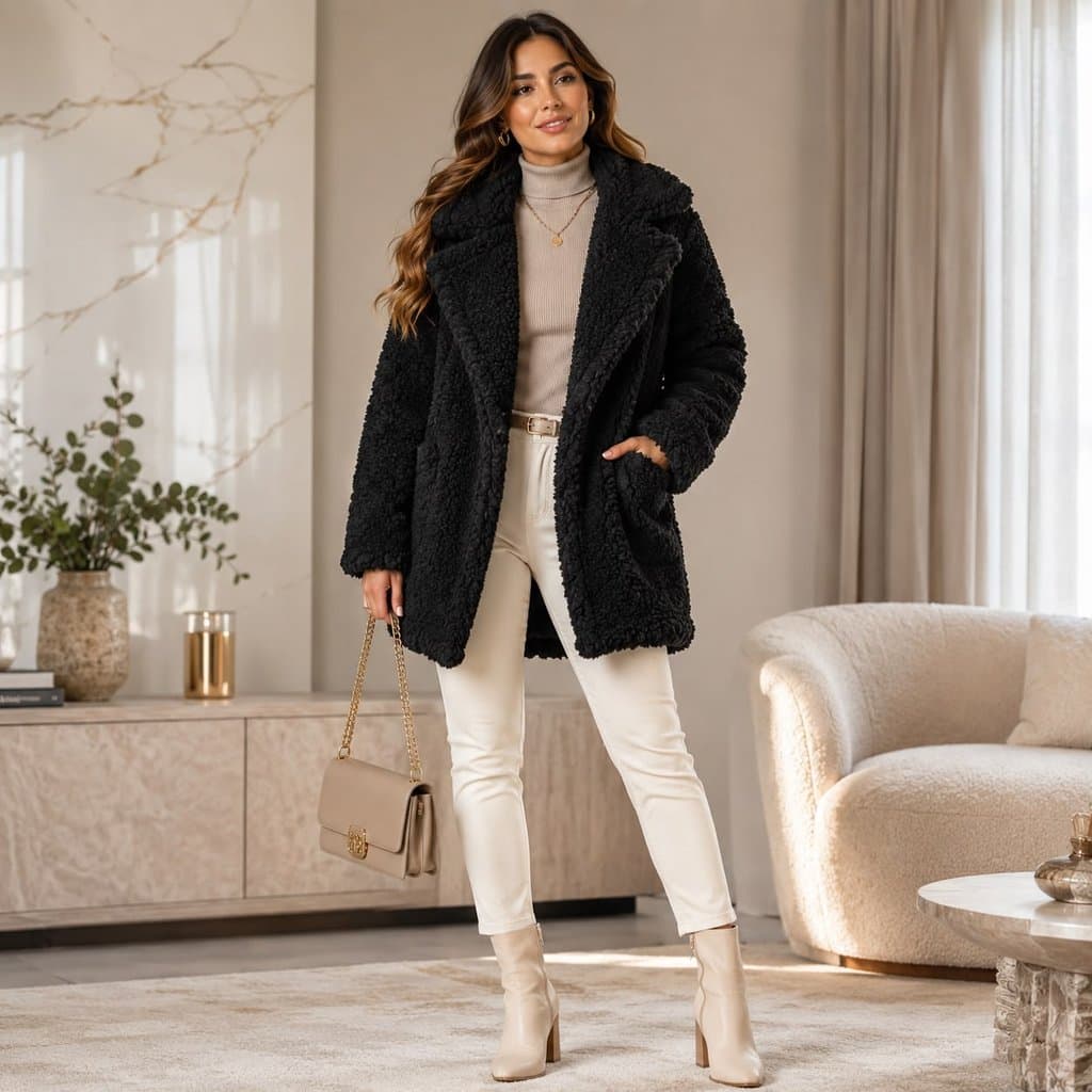 Casaco Sobretudo  Feminino Inverno Teddy Com Gola E Bolsos
