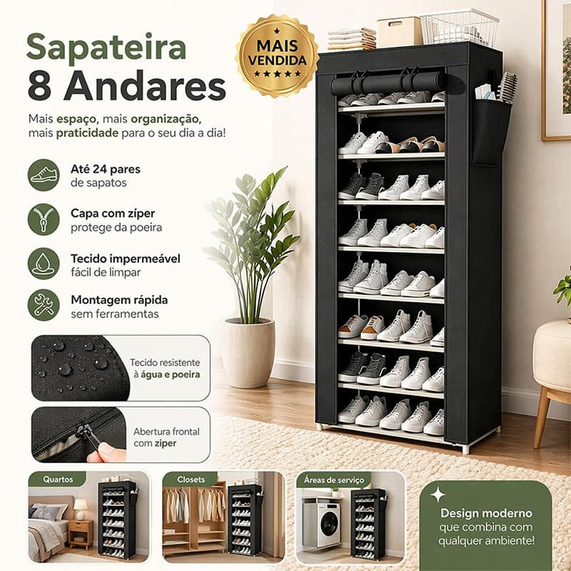 Armário de sapatos com sapateira, organizador de sapatos multifuncional, com porta de zíper