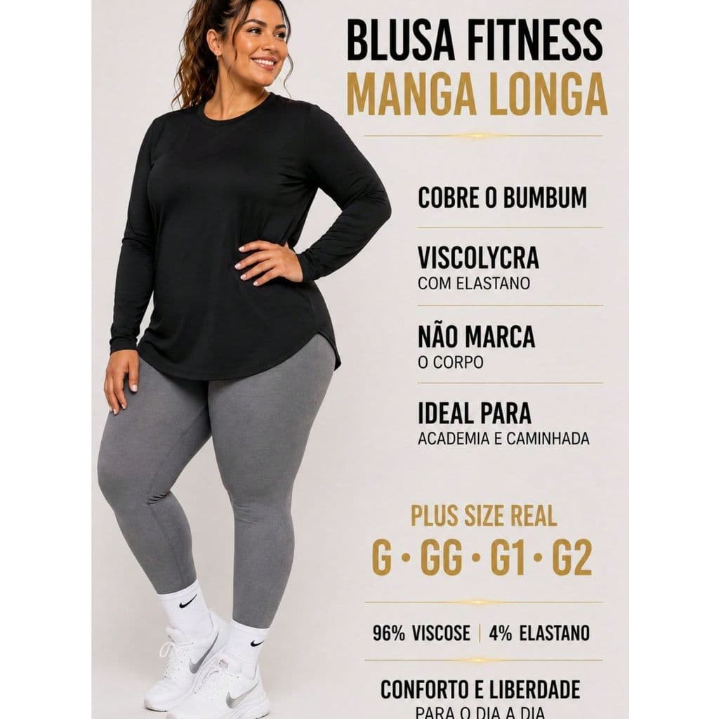 Blusa Manga Longa Feminina Plus Size Academia Caminhada Tecido Viscolycra Confortável Comprimento Alongado