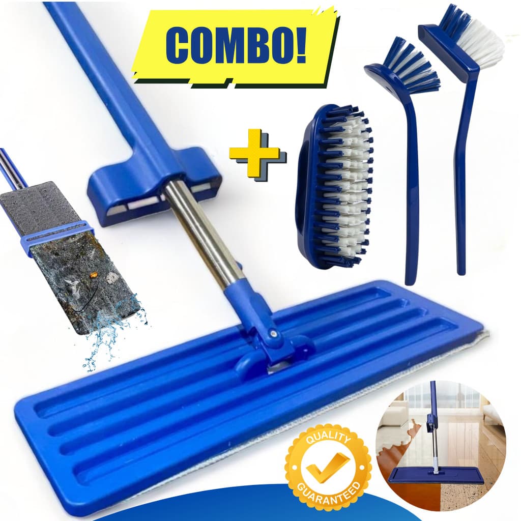 KIT LIMPEZA Mop Flat Giratório Esfregão + Escovas Multiuso Limpeza Faxina Pisos Banheiro e Roupas