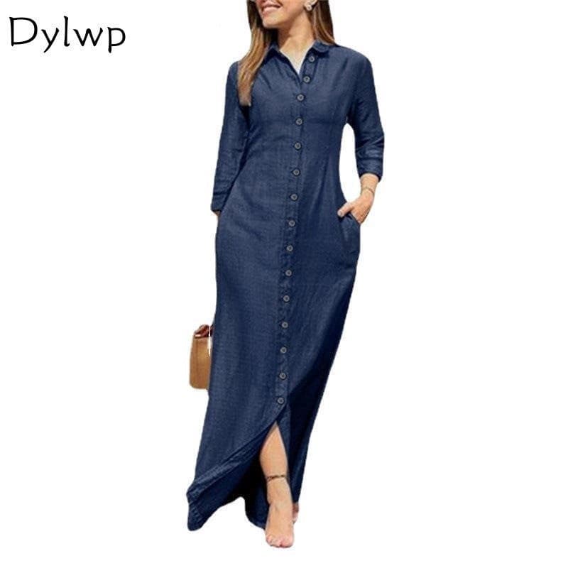Vestido de Denim Elegante para Mulheres, Manga Longa, Cor Sólida