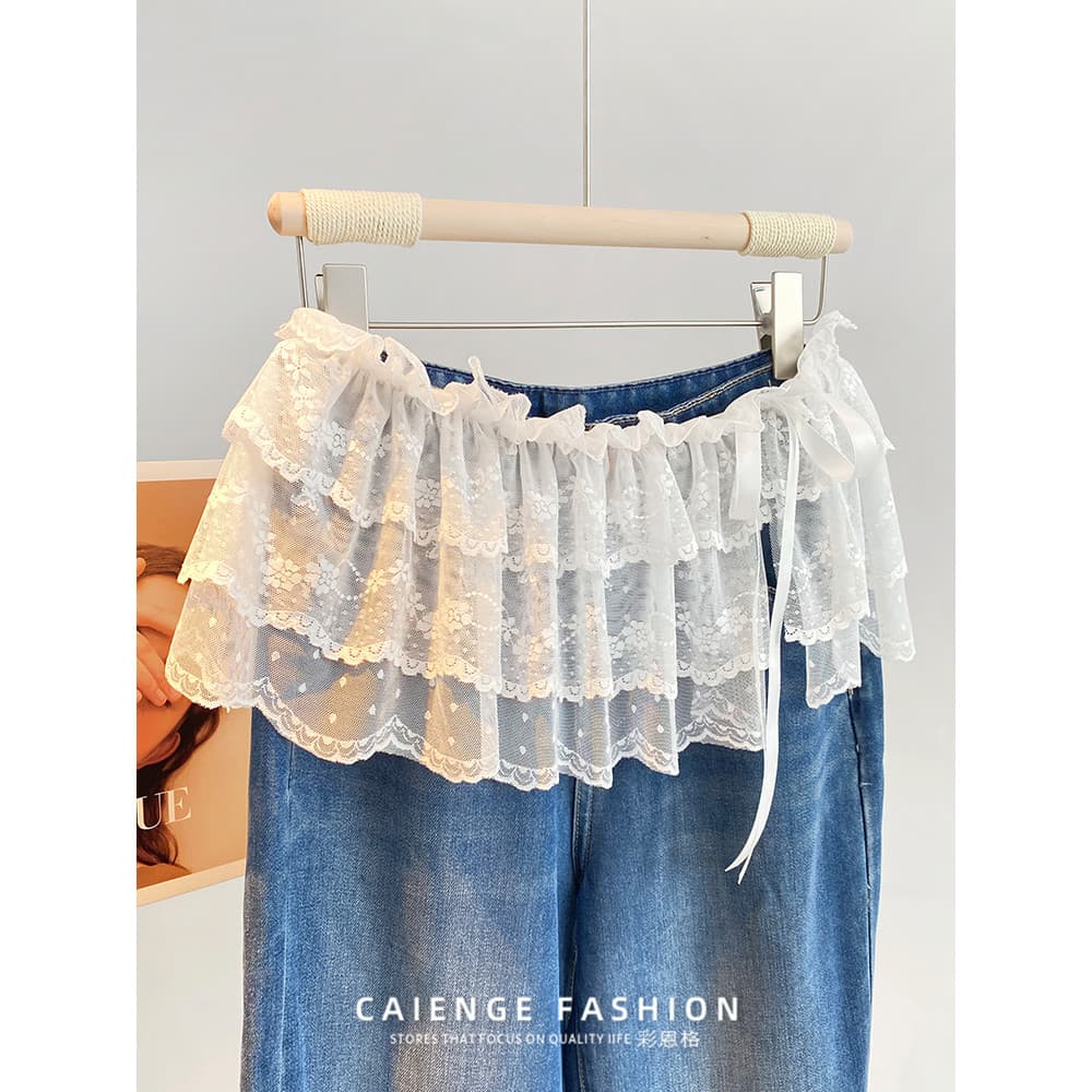 Estilo coreano moda renda curta bunda cortina avental feminino amarrado ao ar livre em camadas Hip-cobrindo saia cortina