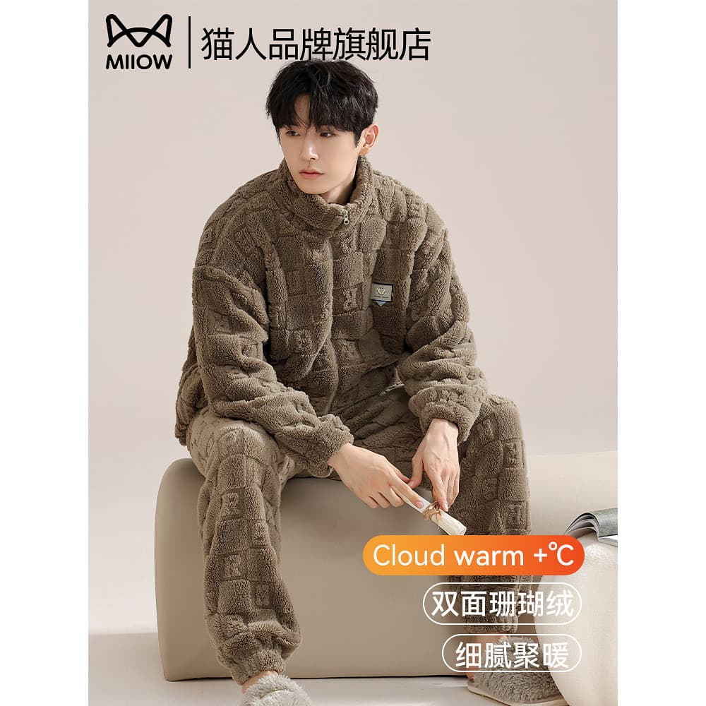 Gato pessoas Coral velo pijamas masculino outono inverno manga comprida flanela forro de lã engrossado quente