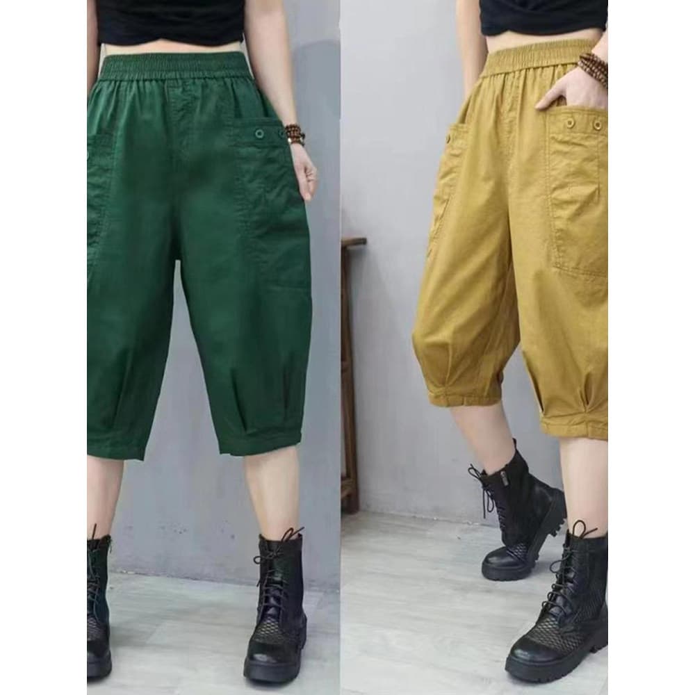 Desconto de coleta de vazamento calças cortadas de algodão puro feminino solto mais magro olhar pai calças moda redução
