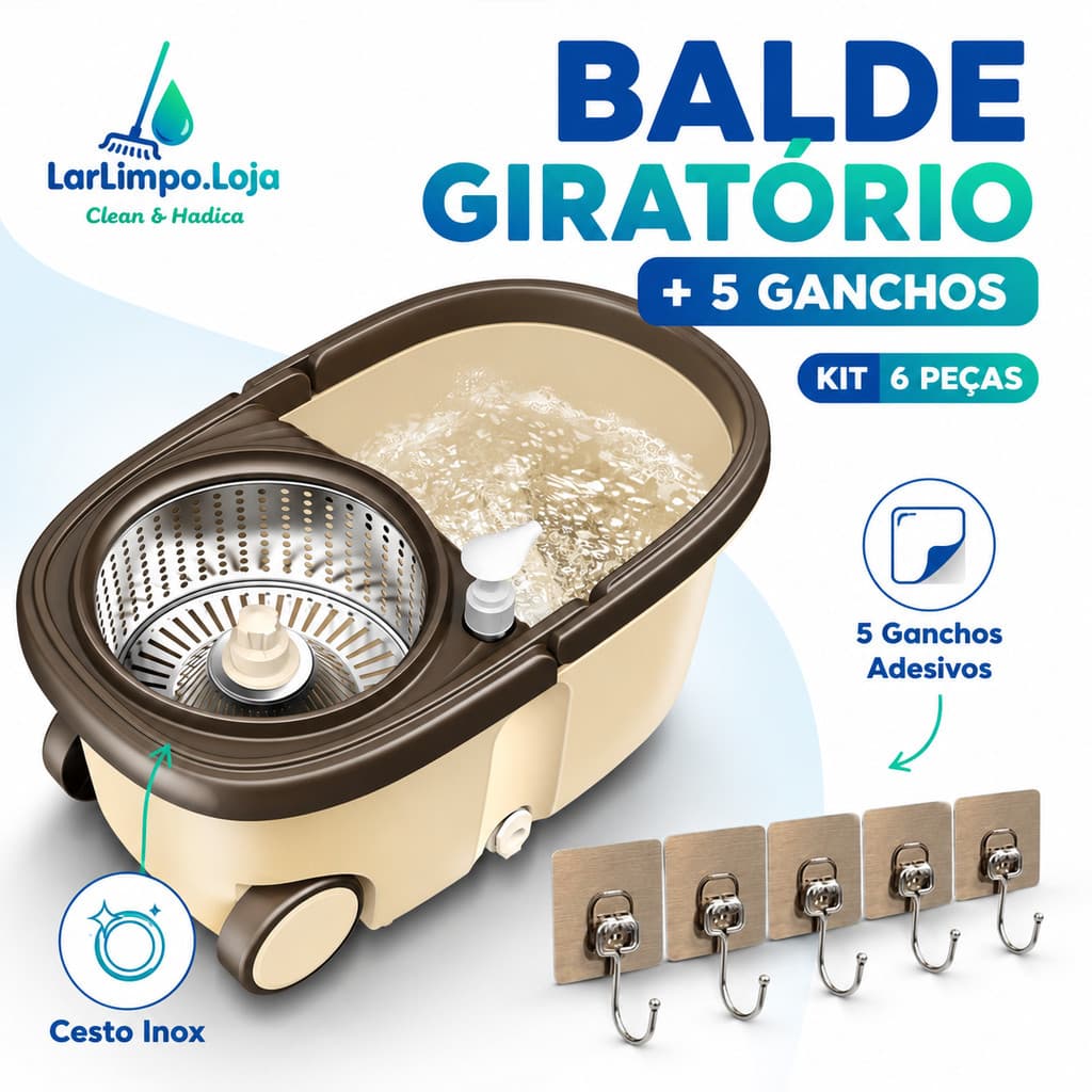 Esfregão Giratório 16L +Acessórios Kit  | 360° Rotativo + Balde Inox + 3 Refis + Rolos de Panos/Ganchos