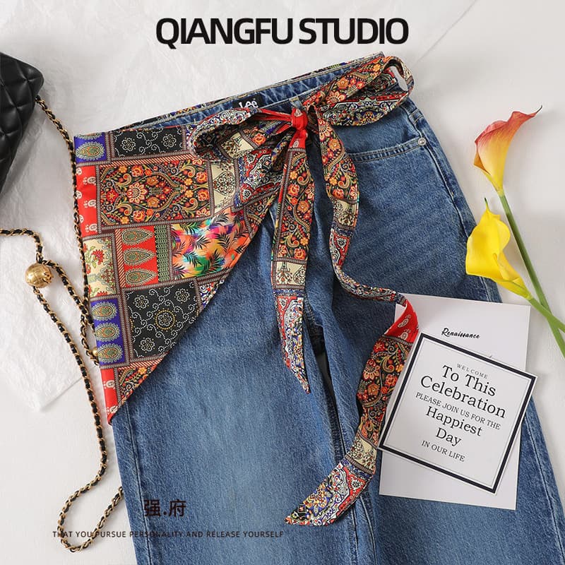 Retro caju flor lenço de seda feminino cintura triângulo cachecol cinto Jeans acessórios de cintura viagem All-Match len