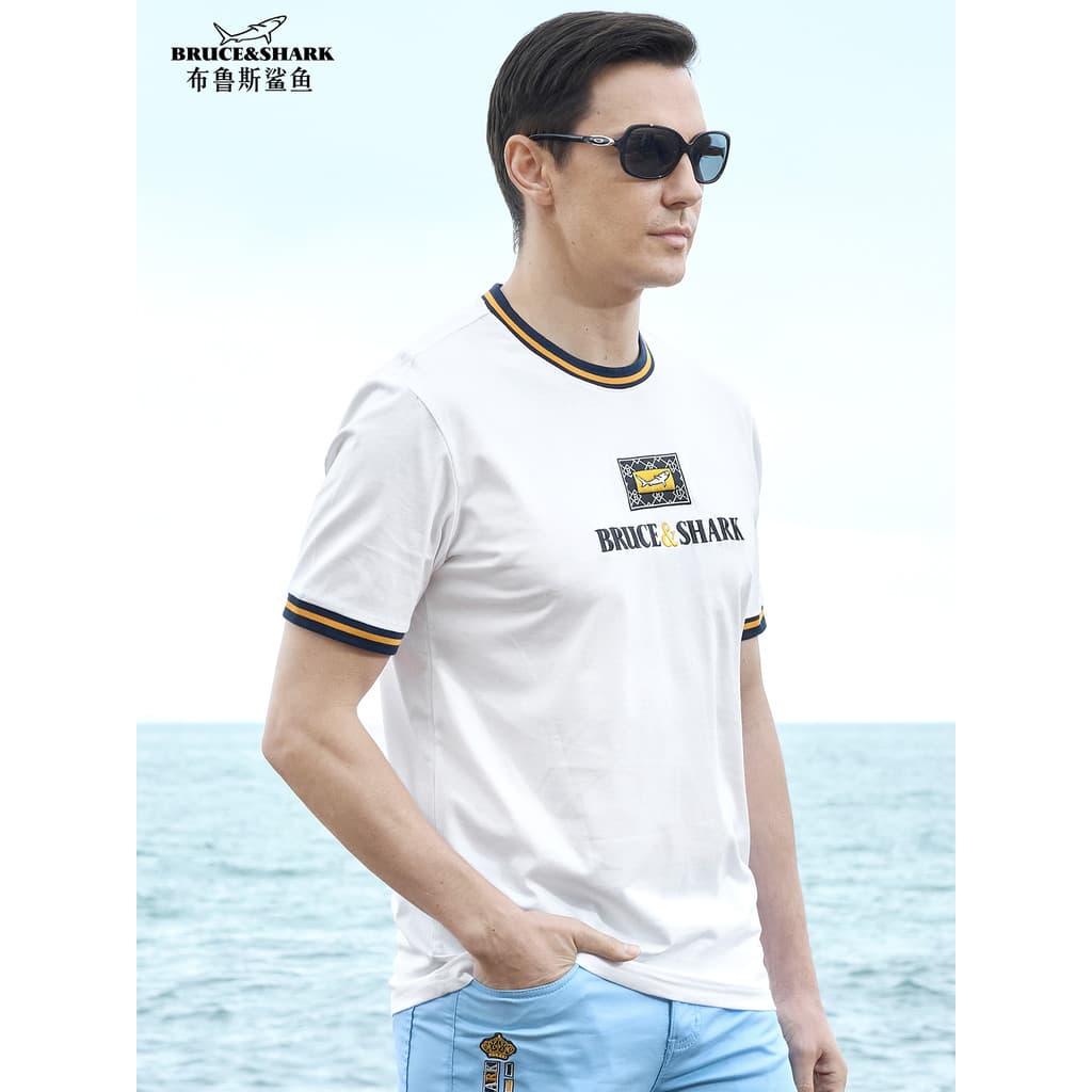 Verão novo estilo masculino mercerizado algodão camiseta Bruce tubarão solto tamanho grande masculino na moda bordado es