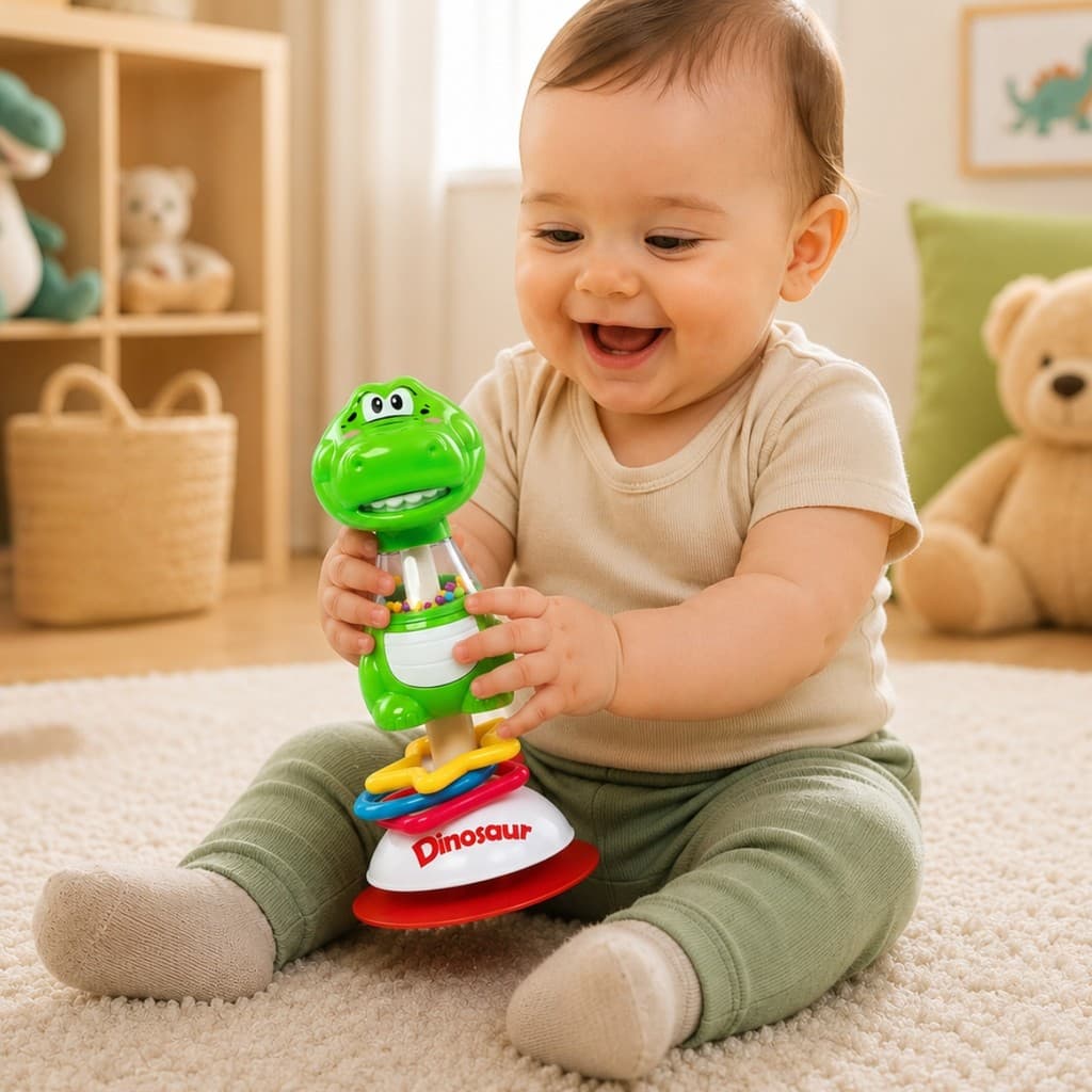 Brinquedo Chocalho Dino Mordedor Para Bebês Com Ventosa Livre BPA - Castela