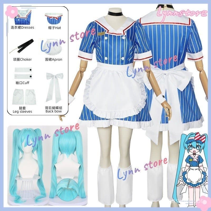 Fantasia de Cosplay HATSUNE MIKU, Peruca, Conjunto de Vestido de Empregada Listrado MESMERIZER, Fantasia de Festa Anime