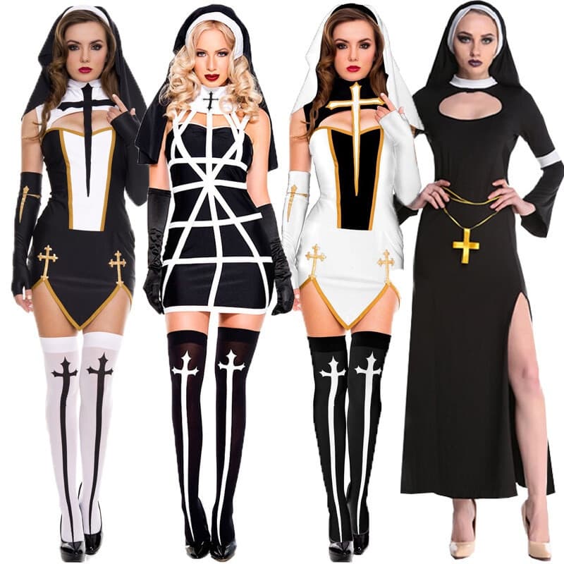 Fantasia de Freira para Mulheres, Modelo Elegante para Festas de Halloween e Carnaval 
   ILP7