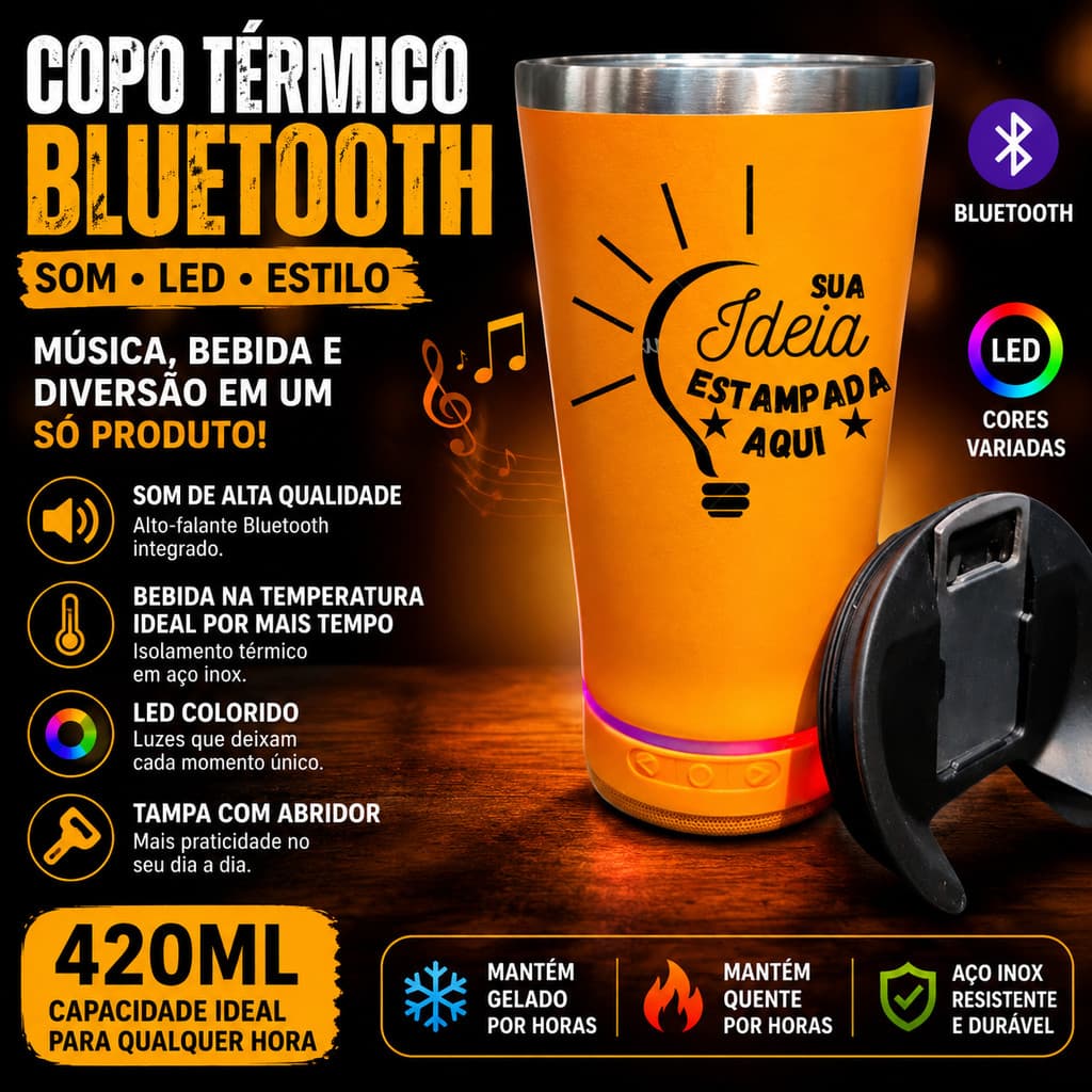 Copo Térmico Personalizado Bluetooth com Som e LED 420ml – Tampa + Abridor, Presente Criativo - Laranja