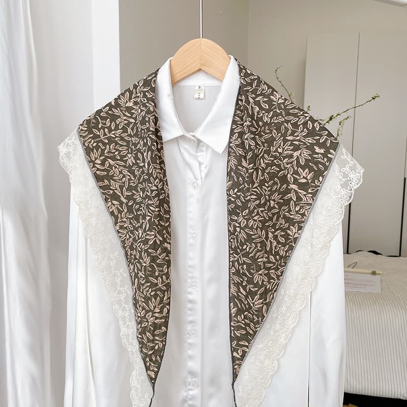 Japonês Retro Floral renda costura pequeno xale feminino verão pescoço proteção lenço de seda combinando camisa fina lin