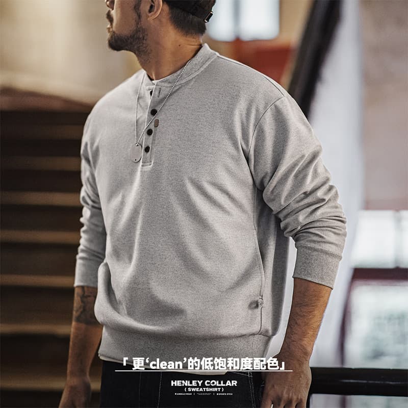 Moderno ferramentas americano Casual Henry colarinho moletom de lã cinza manga comprida camisa masculina primavera