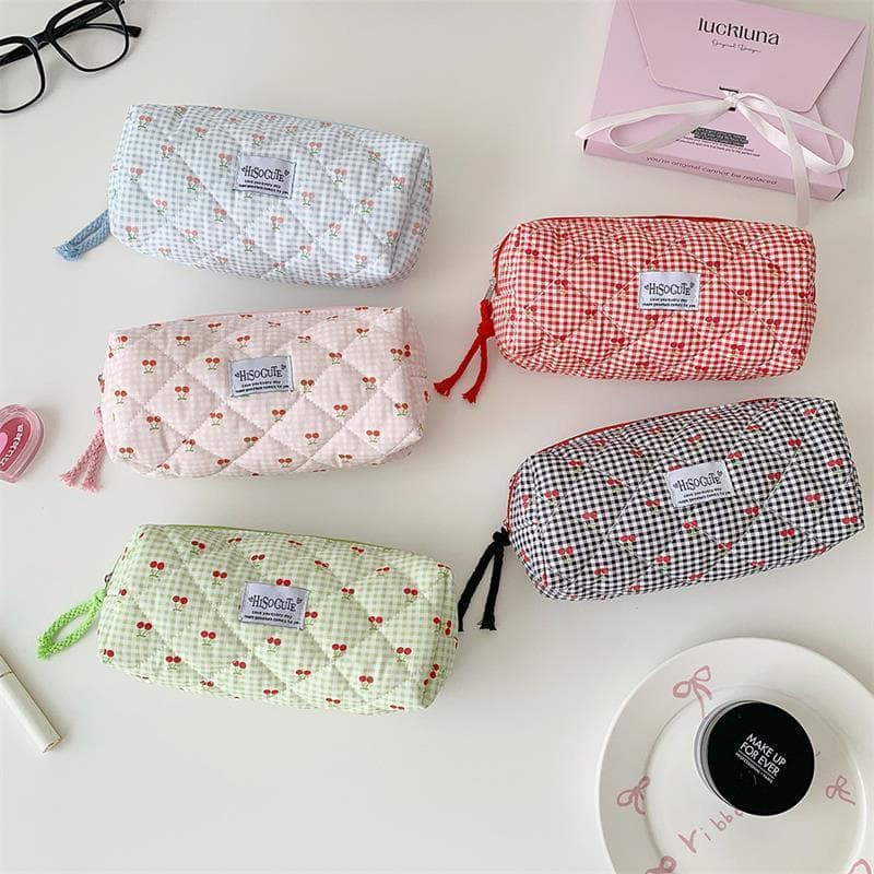 Estojo de Lápis de Grande Capacidade com Estampa Xadrez de Cerejas, Decorado de Forma Exquisita, Bolsa de Material Escol