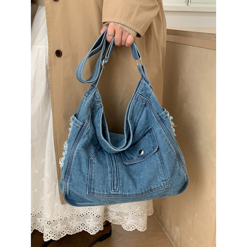 Bolsa jeans de grande capacidade feminina 2026 novo estilo Casual All-Match Commuter ombro simples lona estudante saco d