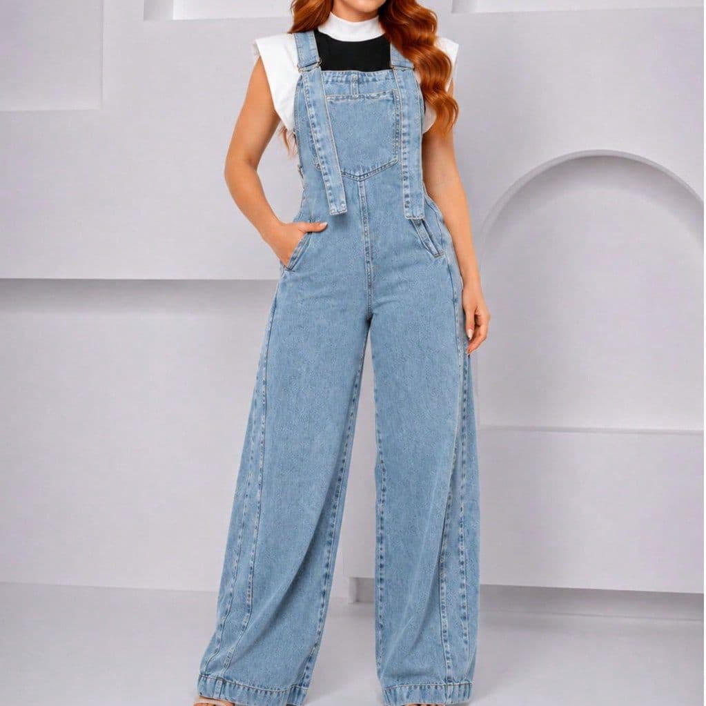 Macacão Jardineira Jeans Wide Leg Feminino Com Bolsos Frontais E Alcas Ajustaveis Moda Casual