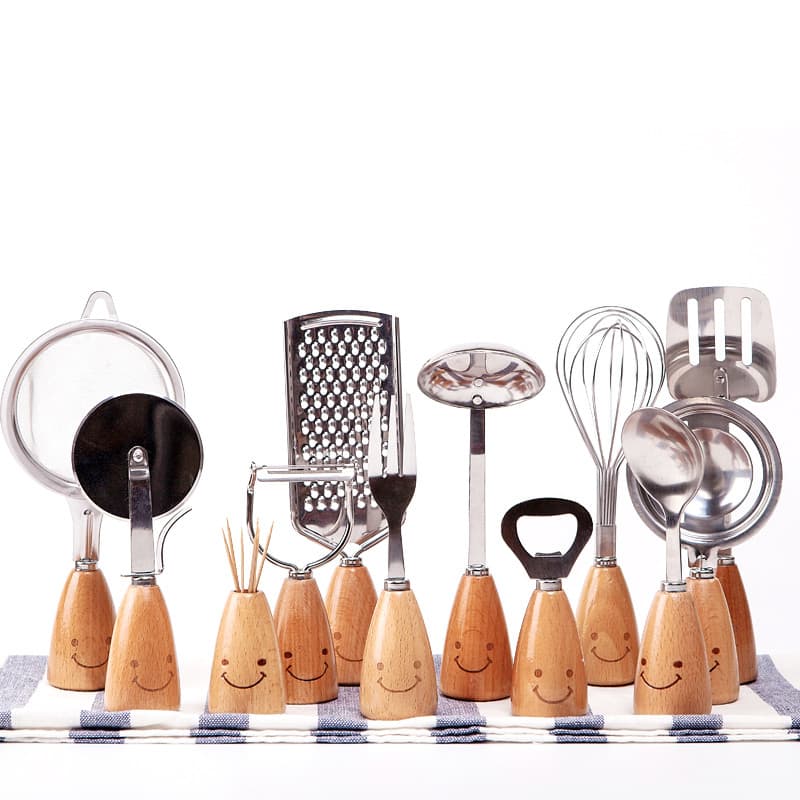 Japão zakka Log lidar com garfo de aço inoxidável colher abridor de garrafa batedor de ovo descascador conjunto de utens
