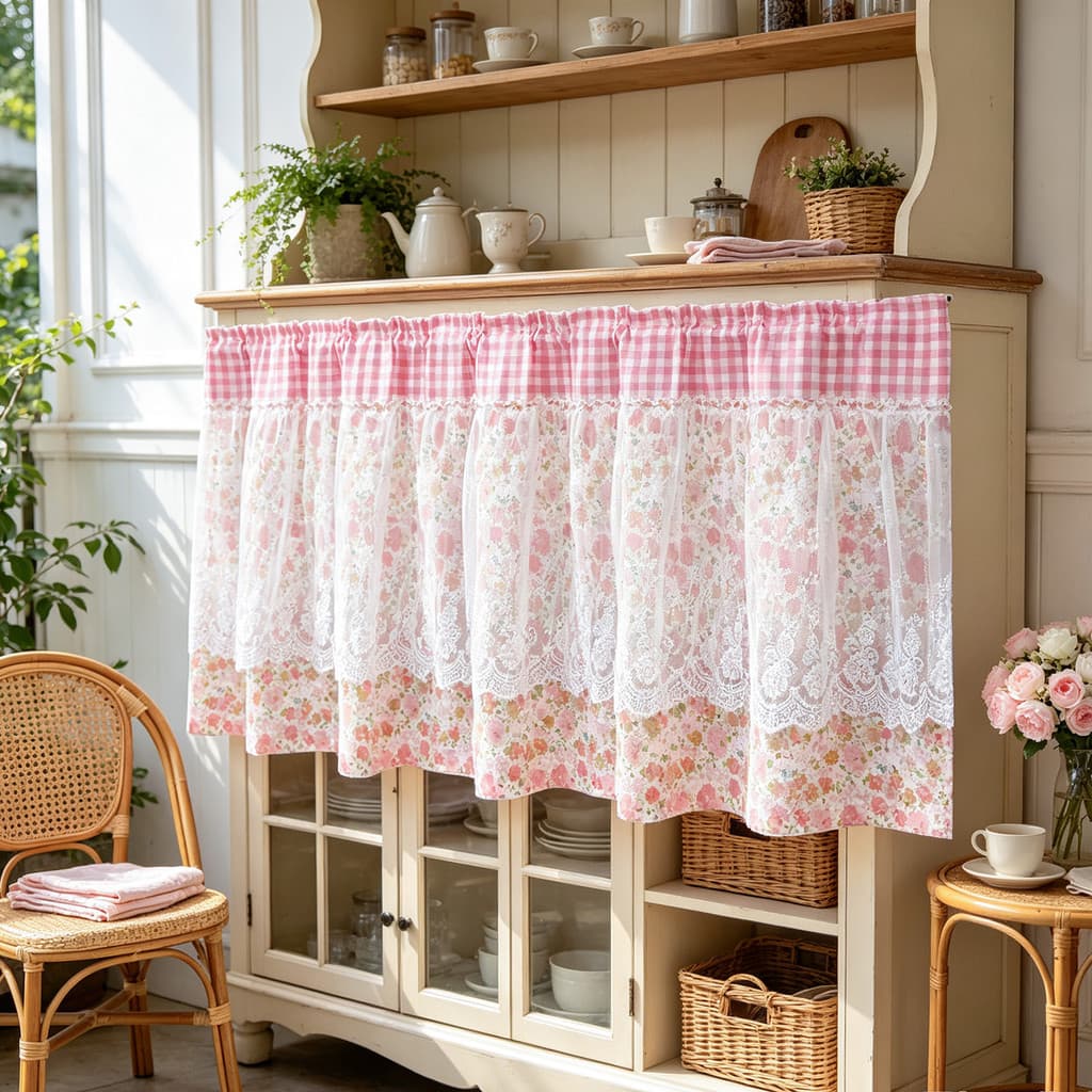 Elegante Rosa Pura Valance Para Cozinha Dupla Camada Cortina Curta Floral Haste Bolso Café Banheiro Janela Toppers Divis