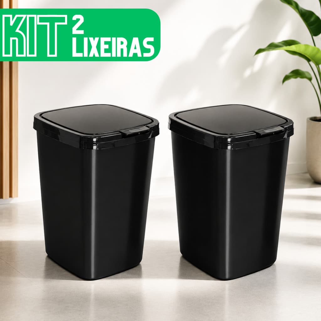 Kit 2 Lixeiras Cesto 9 Litros Click Label Cozinha Banheiro Preta Preto Para Escritório Quarto Cozinha