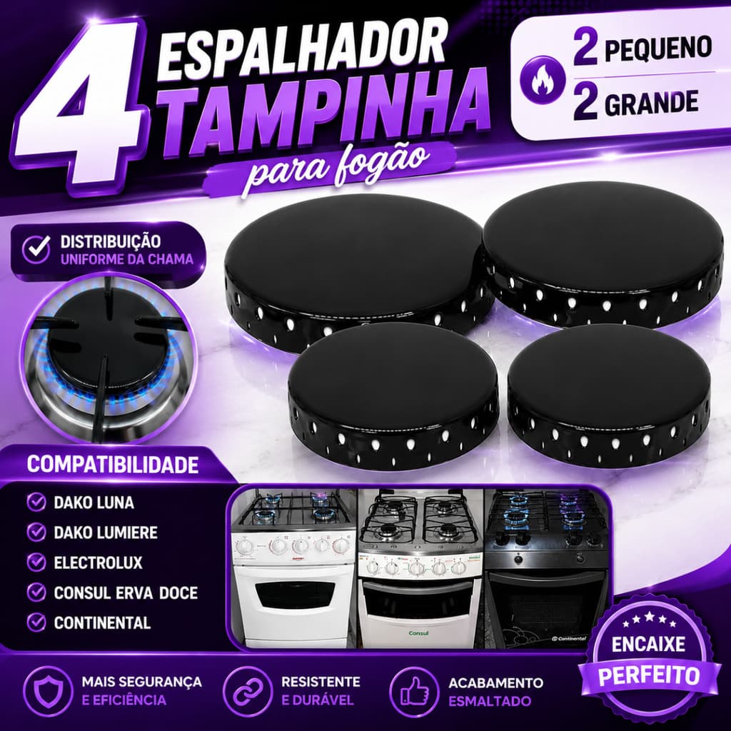 Kit 4 Tampa Para Fogão Espalhadores Queimador Dako / Electrolux / Continental / Consul Erva Doce