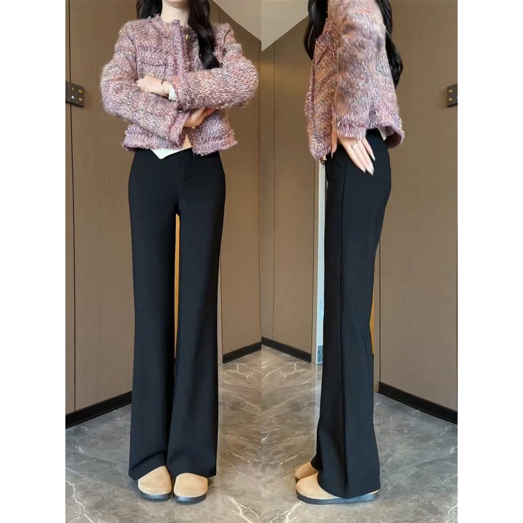 Terno preto calças casuais femininas primavera 2026 novo estilo pequena sensação Drape não caber cintura alta em linha r