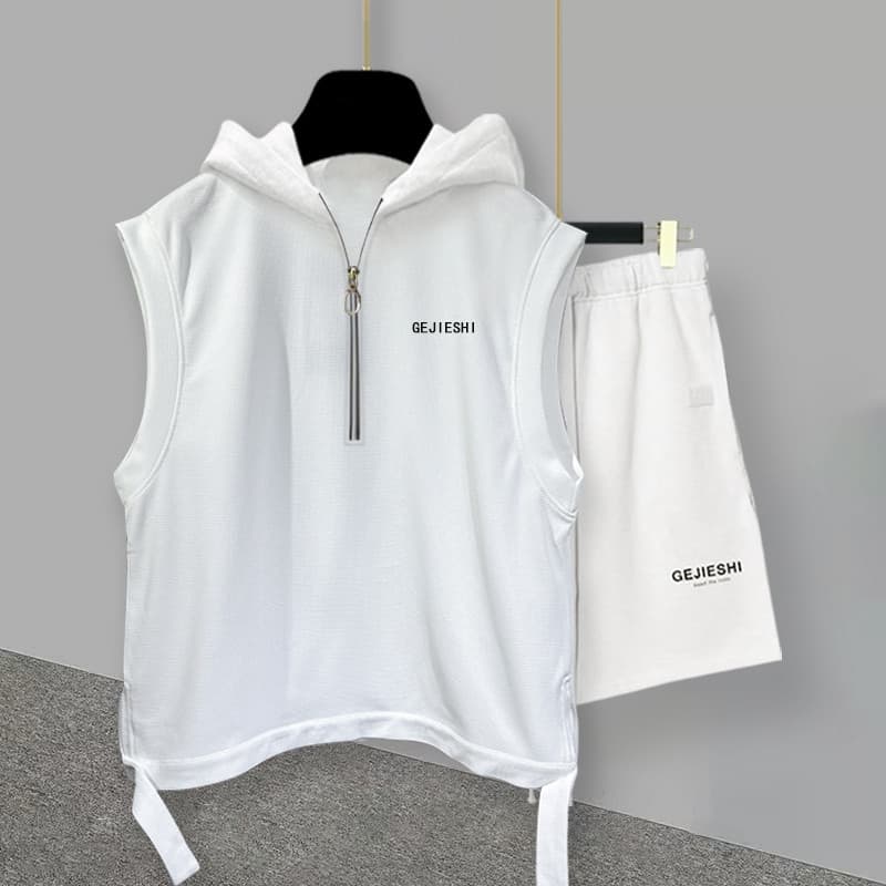 Estilo americano com capuz sem mangas colete terno masculino na moda fenda Design solto All-Match sem mangas camiseta Sh