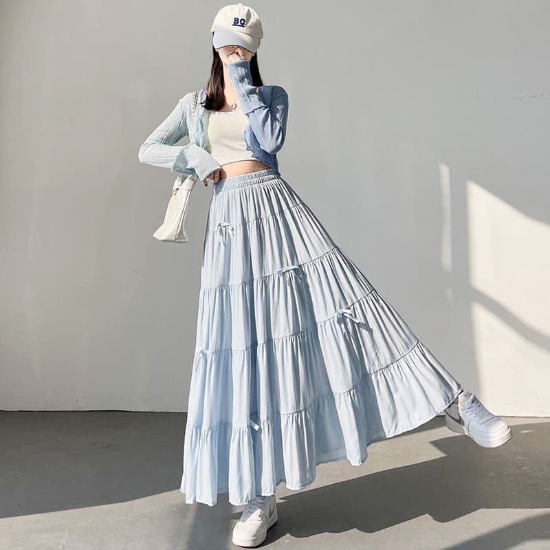 Doce Bowknot azul saia feminina primavera pequeno bolo saia cintura alta mais magro olhar drapeado grande balanço saia