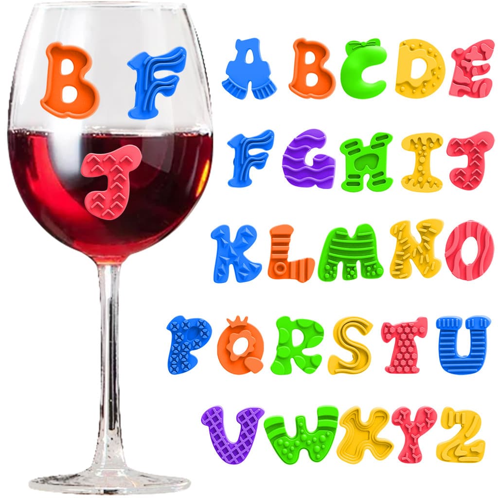 Venda quente transfronteiriça Silicone 26 letras copo de vinho logotipo textura otário etiqueta de vidro de vinho tinto