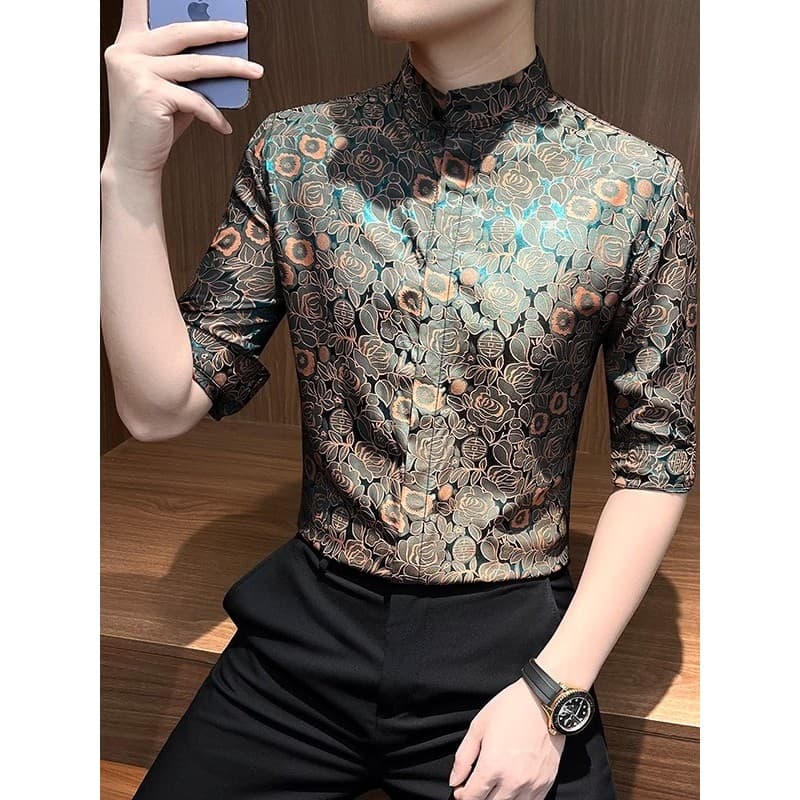 2025 novo estilo gola alta manga de três quartos camisa Floral masculina verão seda gelo High-End rufião bonito