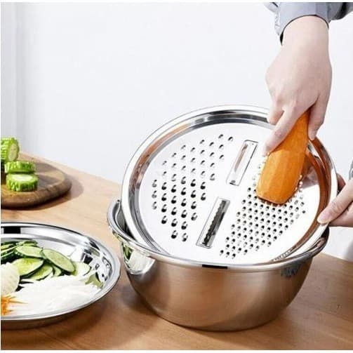 Kit 4 em 1 Ralador Fatiador Bacia Legumes Queijo Tigela 26cm Cozinha saladeira aço inoxidavel inox