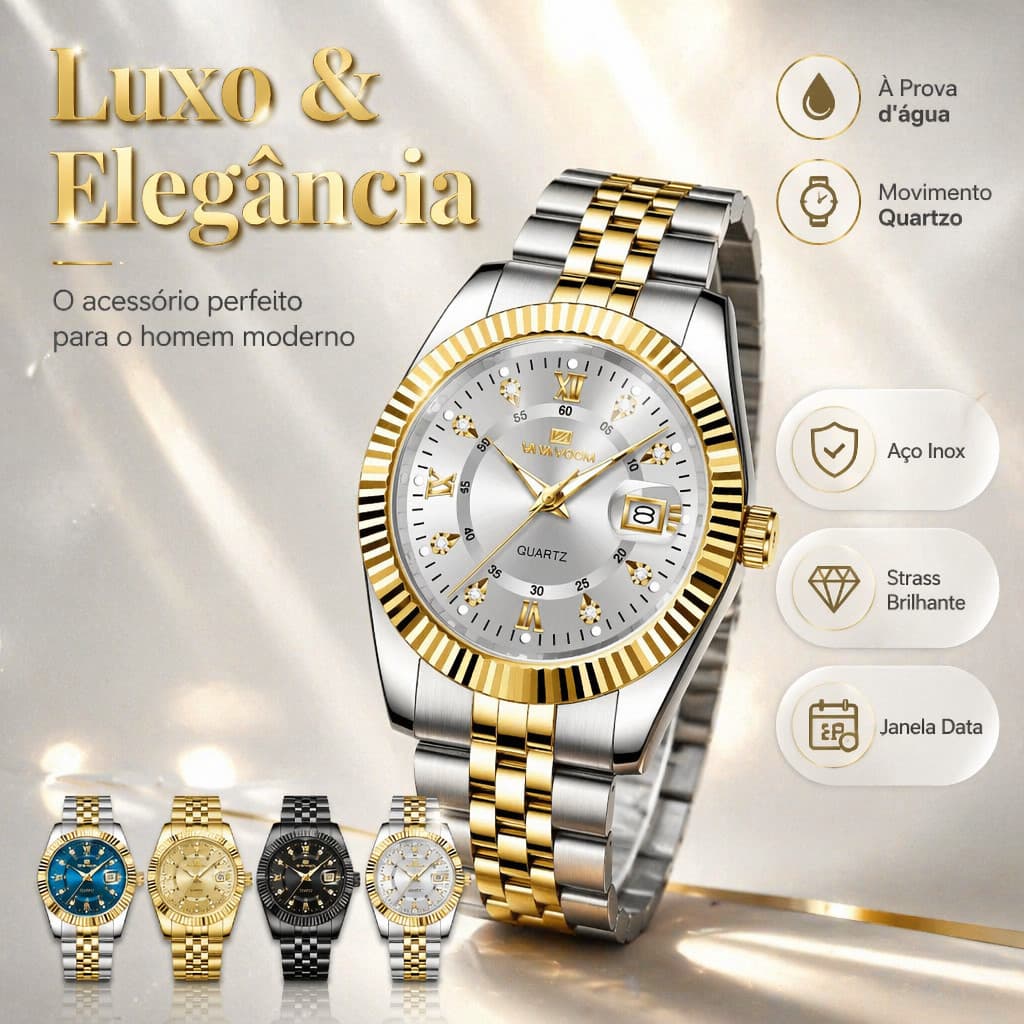 Relógio Masculino Quartzo Luxo Pulseira Aço Inoxidável Mostrador Data Strass Brilho Elegante Estilo Empresarial
