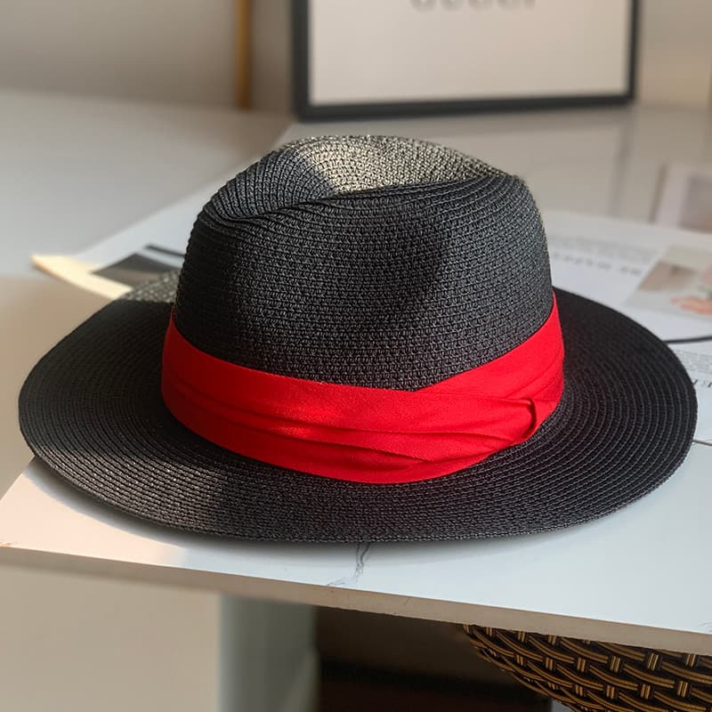 Chapéu de sol preto de verão, chapéu de palha dobrável para homens e mulheres, aba plana, aba larga, chapéu panamá, prai