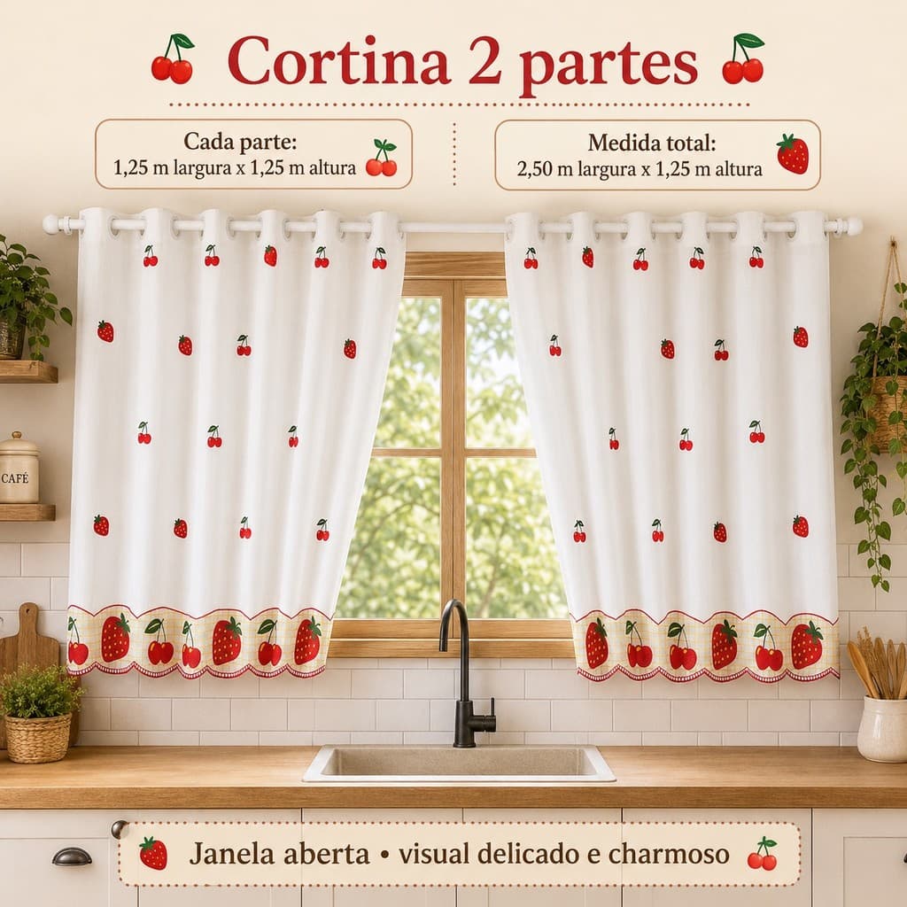 Cortina Cozinha Janela Bordado Voal Forrada Ilhós 2,50x1,25 Mt