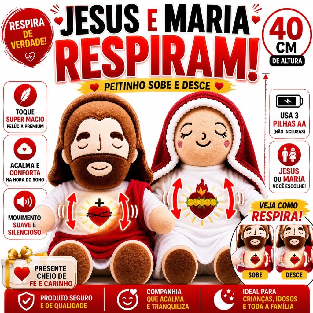 Kit Pelúcia Jesus e Virgem Maria 40cm Movimento Respiratório Funciona com 3 Pilhas AA Pelúcia Religiosa