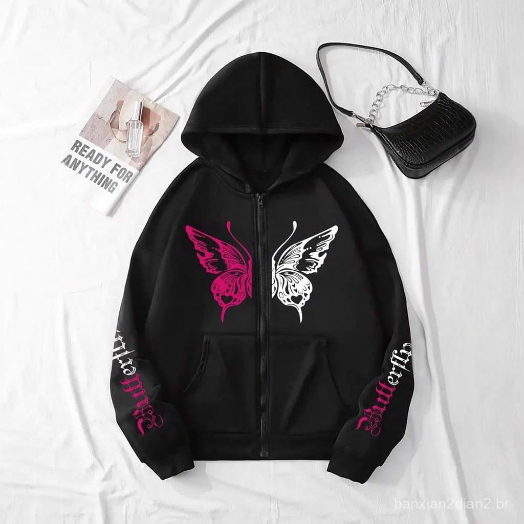 Cross-Border na moda borboleta moletom com capuz feminino estilo coreano solto zíper jaqueta outono inverno engrossado f