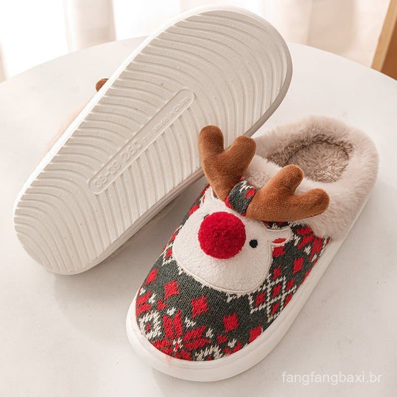 Chinelos de algodão transfronteiriços presentes de natal Elk senhoras casa inverno quente chinelos peludos natal veados