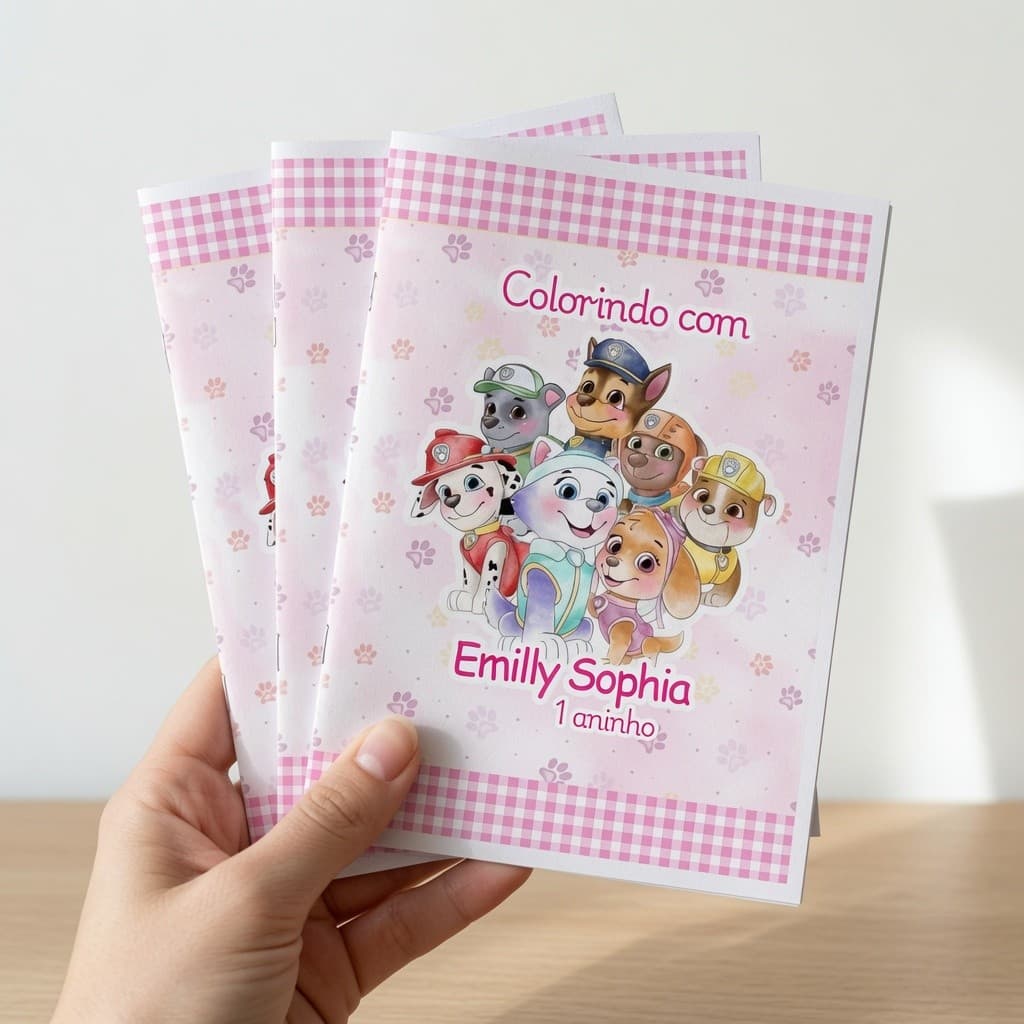 Kit Revistinha Livro Colorir Infantil Festa Lembrancinha Prenda PERSONALIZADO livrinho PATRULHA CANINA ROSA MENINA SKY