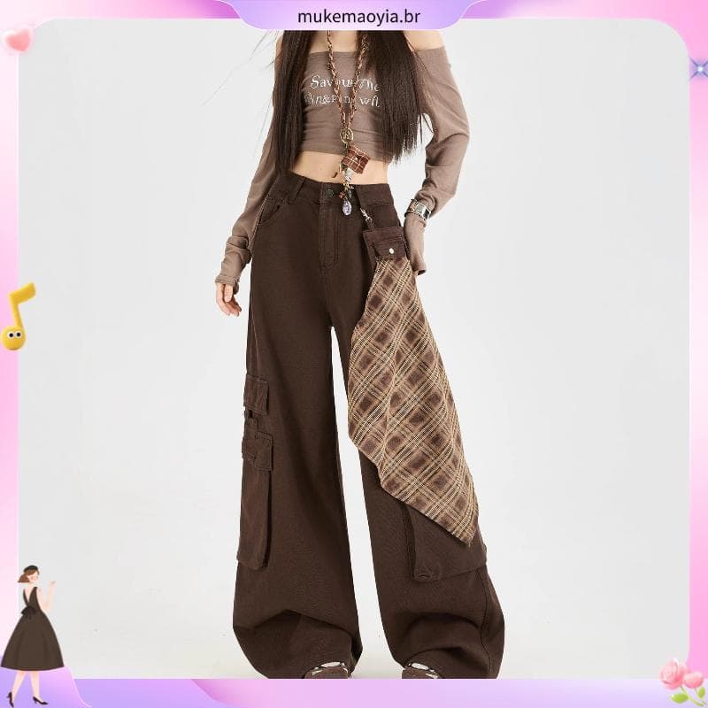 Melade Marrom Café b utt Cortina Geral Feminino E # 39 ; s Jeans 2025 Outono Novo Estilo Solto Design Calça Casual Perna
