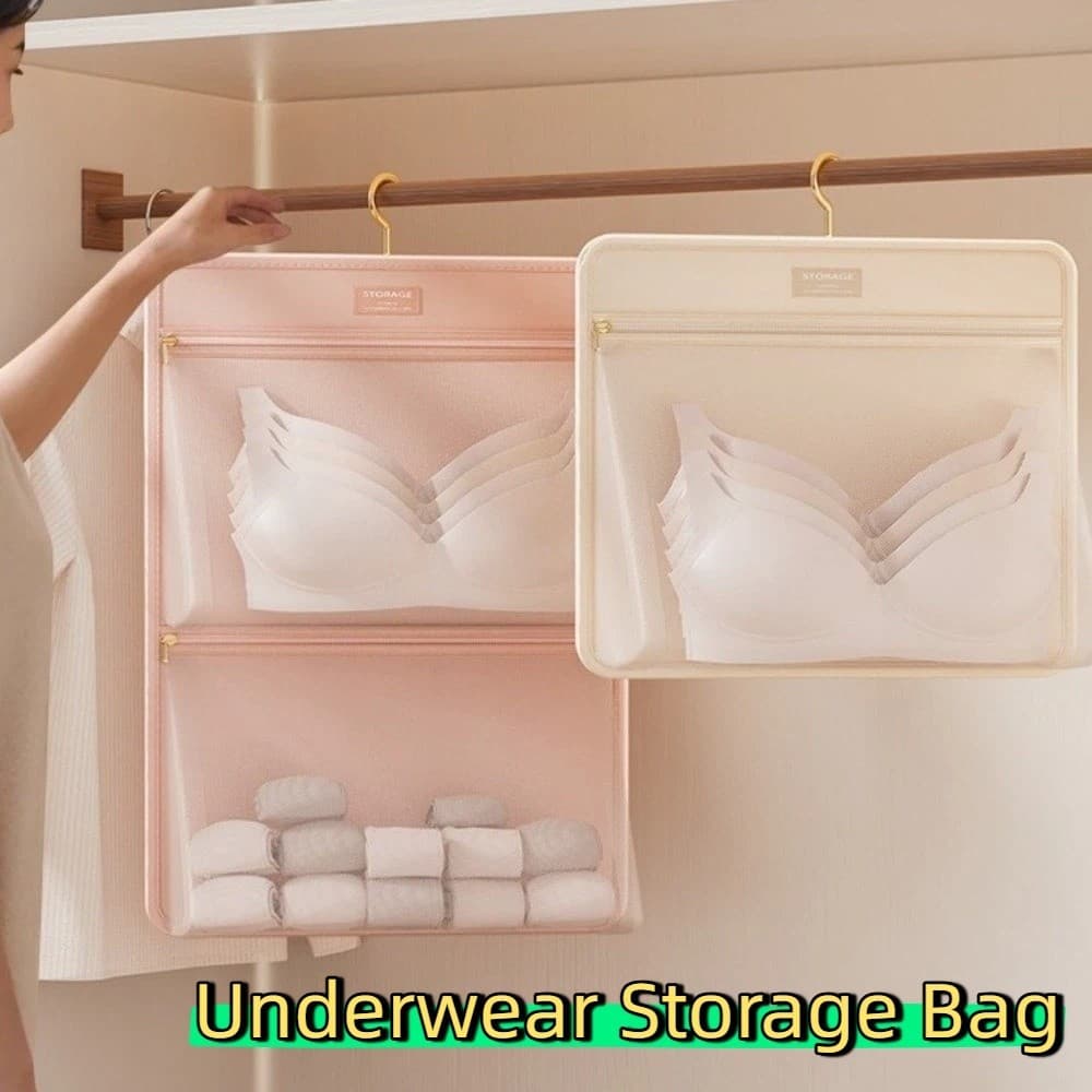 Saco De Armazenamento De Roupa Interior Dobrável Respirável Com Zíper Multi-Camada Meias Pendurado Cabide Organizador De