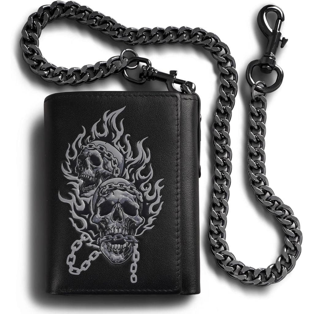 Carteira Masculina com Corrente e Estampa de Caveira, Carteiras Trifold para Homens, Carteira de Couro Macio com Corrent