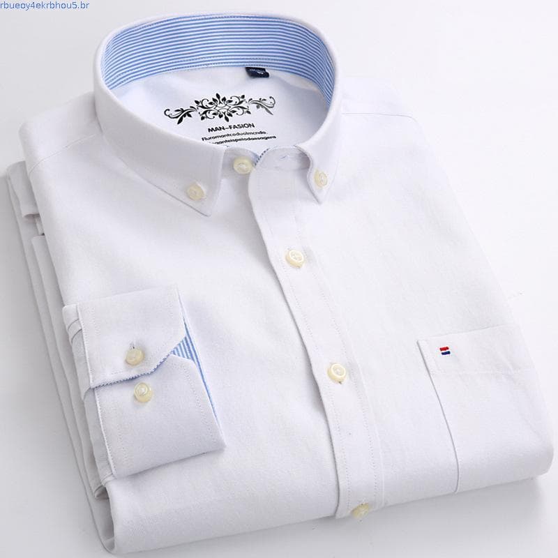 Moda Masculina Manga Longa Oxford Csa De Trabalho Único Remendo Bolso Design Simples Bordado Relar-Ajuste Casual Ca